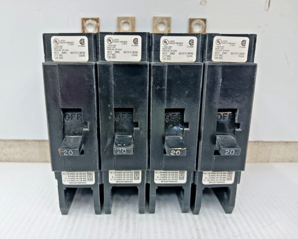 LOT OF FOUR) WESTINGHOUSE 20 AMP BOLT-ON CIRCUIT BREAKER 1 POLE 277 VAC GHB1020