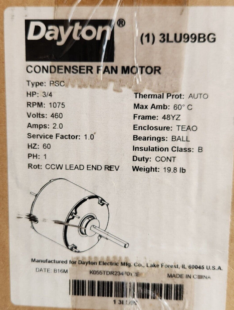 DAYTON 3LU99BG Motor 3/4 HP, 1075 rpm,48YZ 460V 2A RSC NEW