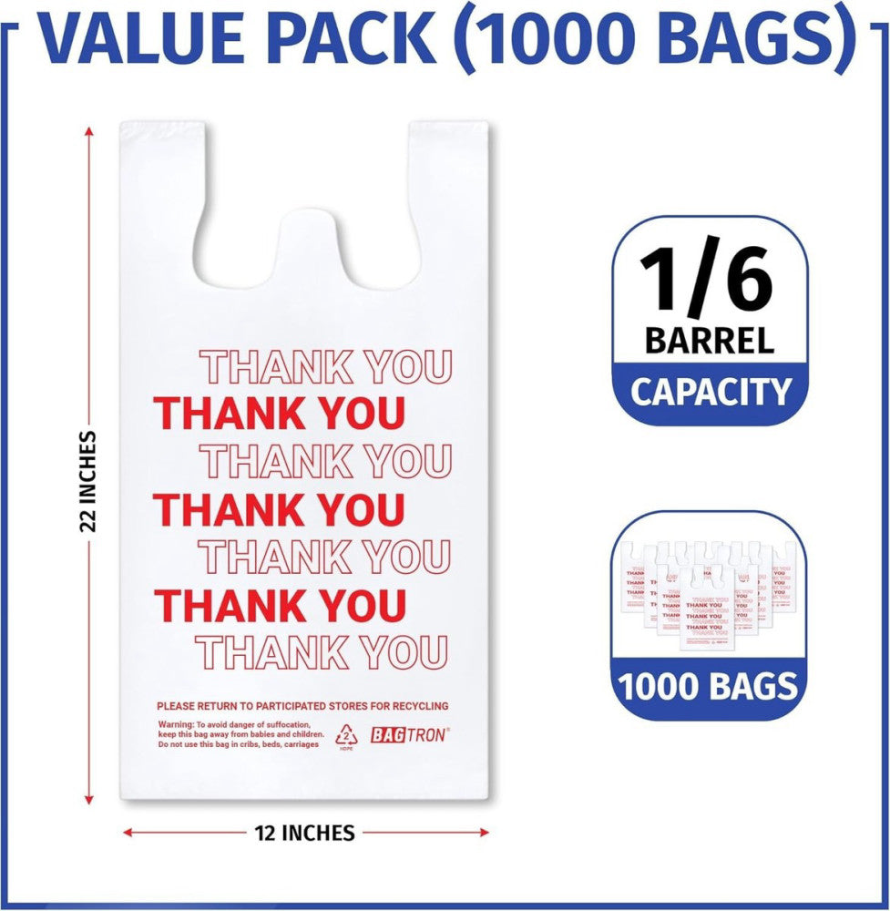 Thank You T-Shirt Carry-Out Bags Disposable Plastic Bags W/ Handles Large 1000Ct