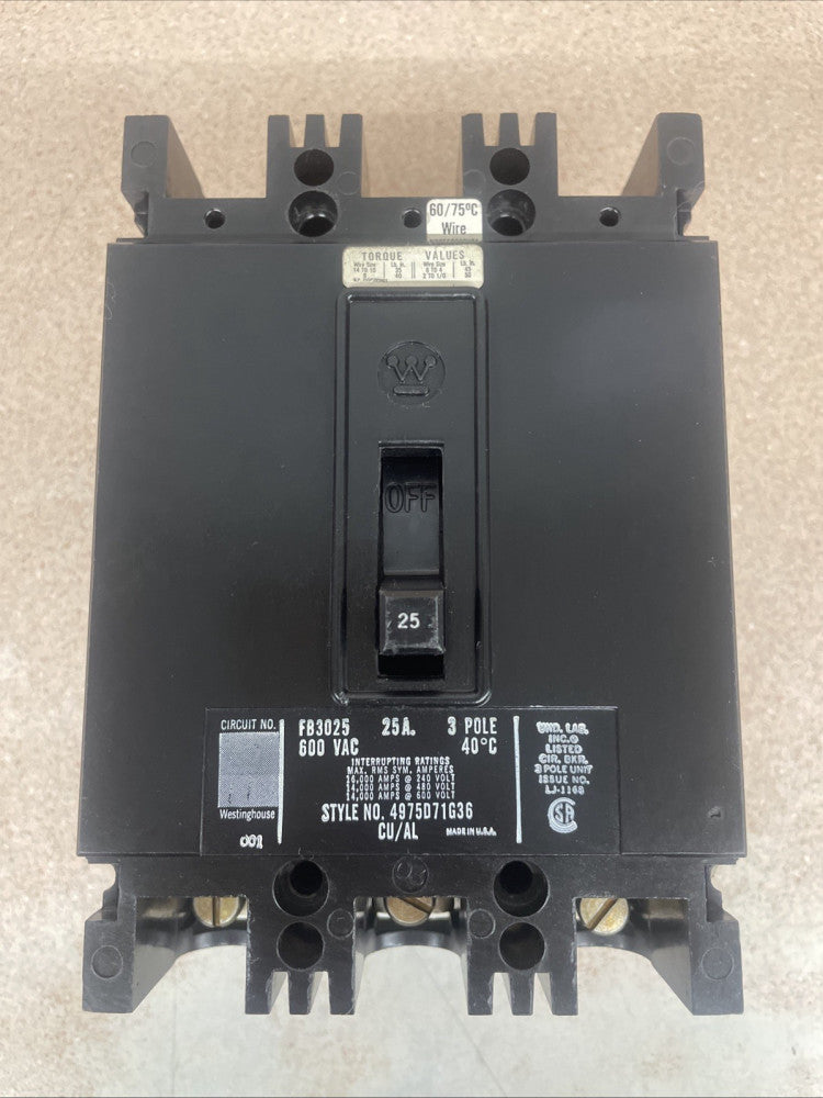 New no Box Westinghouse FB FB3025 3 Pole 25 amp 600v Circuit Breaker 