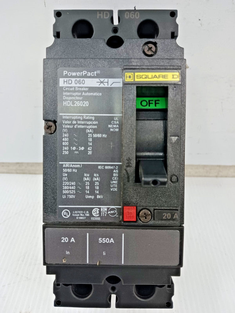 Square D PowerPact 20 Amp Circuit Breaker 2 Pole 600 VAC / 250 VDC 18kA HDL26020