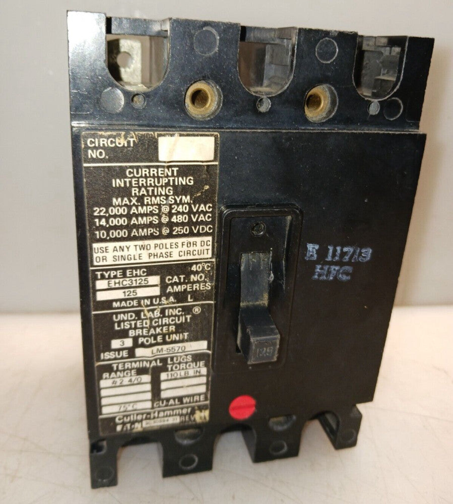 CUTLER HAMMER 125 AMP CIRCUIT BREAKER 240 / 480 VAC 3 POLE  EHC3125 *LUGS NUTS*