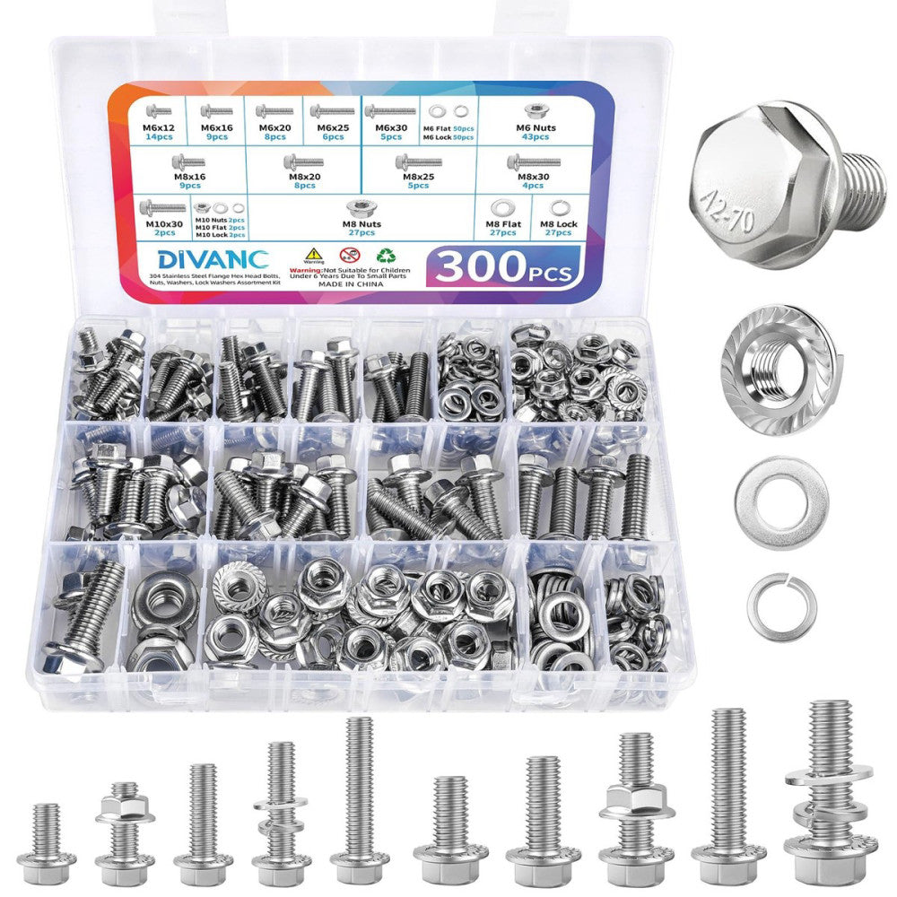 300Pcs Metric Flange Bolts Assortment, M6 M8 M10 Flange Hex Bolts and Nuts Wa...