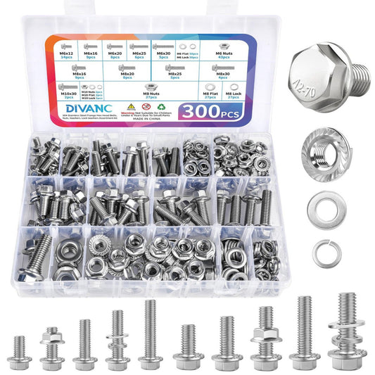 300Pcs Metric Flange Bolts Assortment, M6 M8 M10 Flange Hex Bolts and Nuts Wa...
