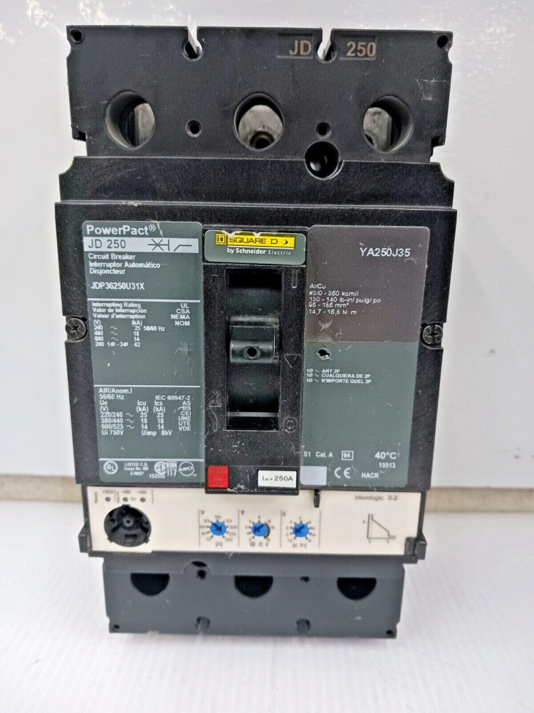 Square D PowerPact 250 Amp Circuit Breaker 3 Pole 600 VAC 18kA JDP36250U31X