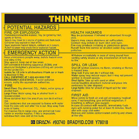 Brady 93740 Chemical Label, 3 3/4 In H, 4 1/2 In W, 93740,Pk25