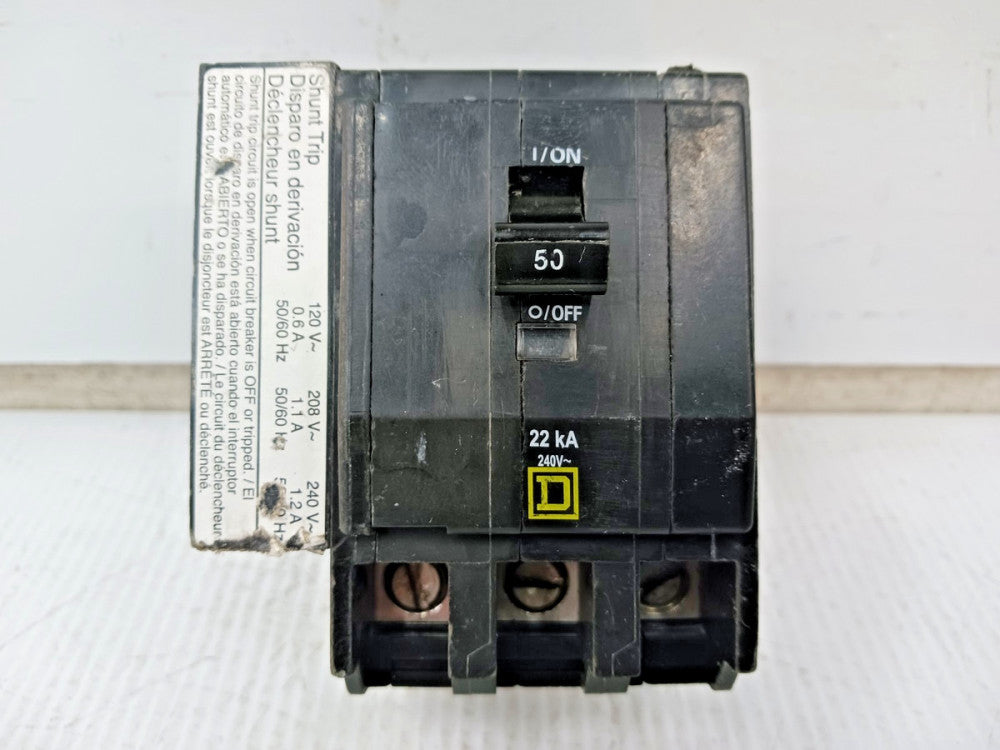 Square D 50 Amp Bolt-On Circuit Breaker 3P 240 VAC 22kA QOB350VH1021 W/ Shunt