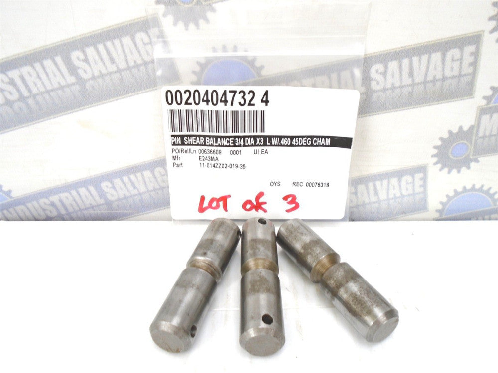 (Lot of 3) Balance SHEAR PIN - 3/4"(Dia) x 3"(L) - W/ .460 45DEG. Chamfer (NEW)