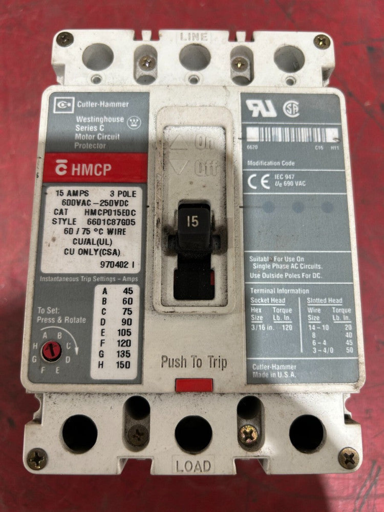 USED Cutler-Hammer Westinghouse 15A Circuit Breaker 3P Cat. HMCP015EDC