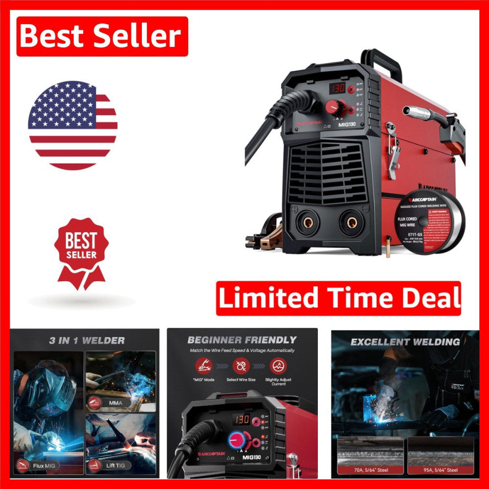 130A 110V Portable MIG Welder - 3-in-1 Gasless TIG/Stick Welding Machine