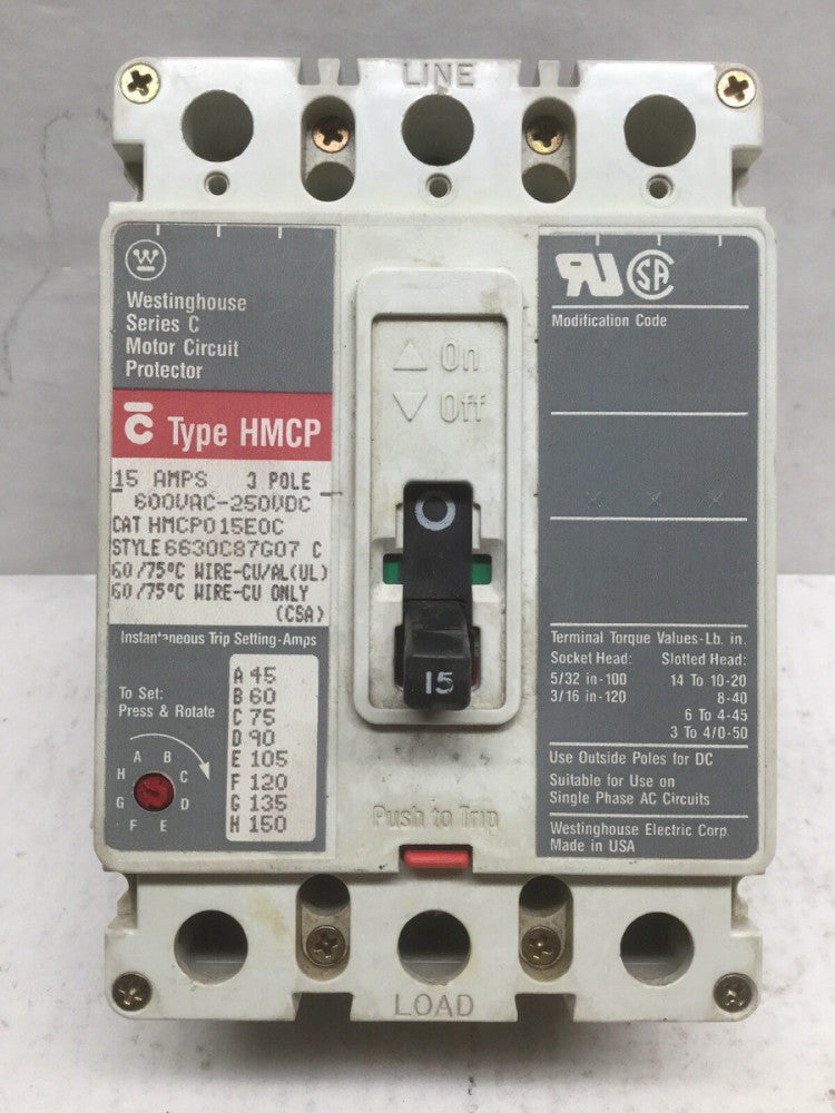 Westinghouse HMCP015EOC Series C 15 AMP Motor Circuit Protector 3 Pole 600VAC WT