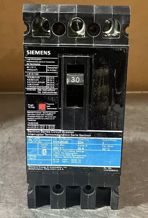 Siemens ED43B030 Molded Case Circuit Breaker, Type ED4, 3 Poles 480V 30A, NOS