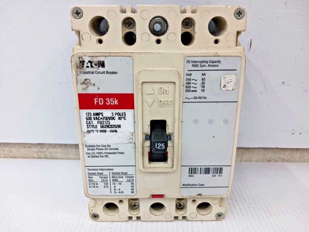 Eaton 125 Amp Circuit Breaker 3 Pole 600 VAC / 250 VDC 35kA FD3125