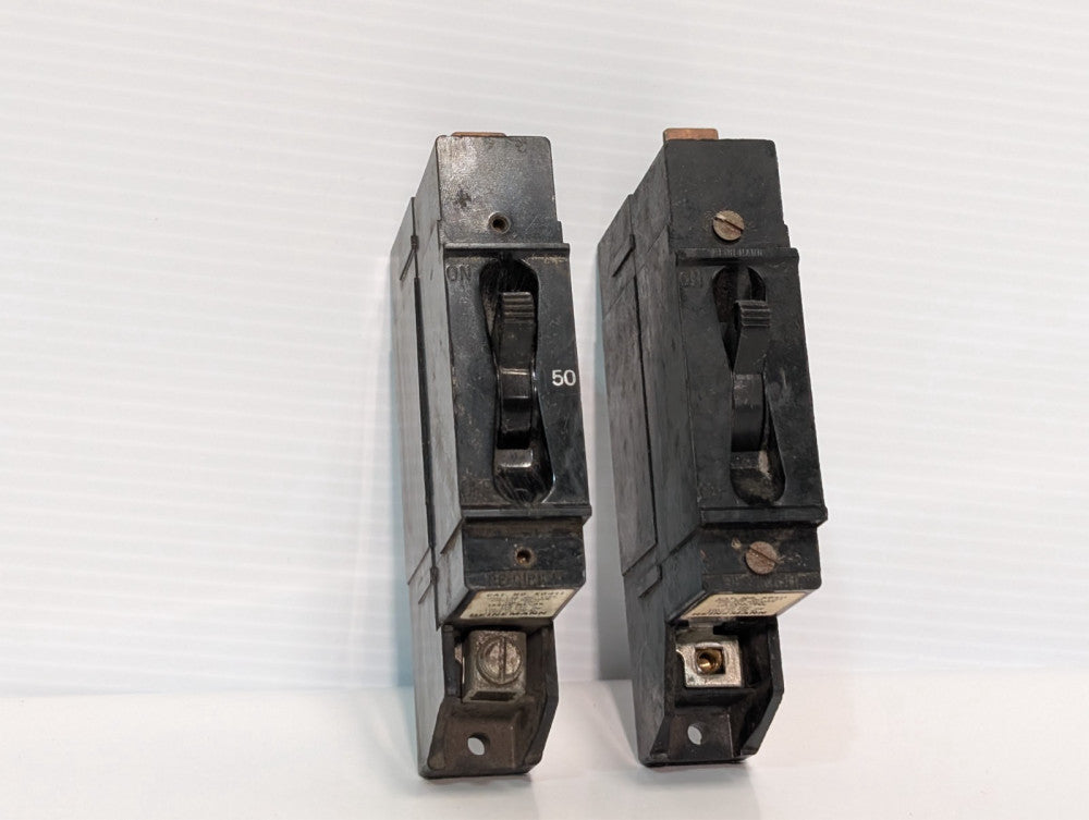 Lot of 2 Heinemann XO411 circuit breakers, 50A, 120/240VAC, 1 pole as shown