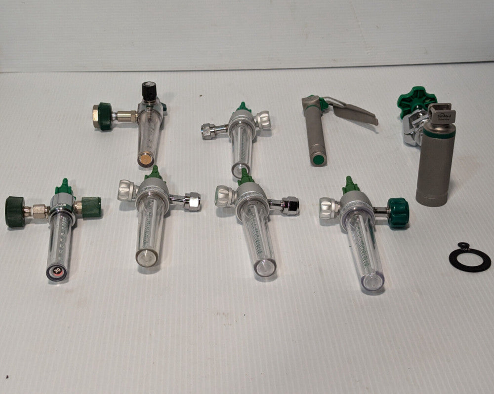 9 Asstd. Oxygen Flow Meters, parts,SunMed,Ohmeda,FM197A-15L-DS,FMF5008,AHE S0460
