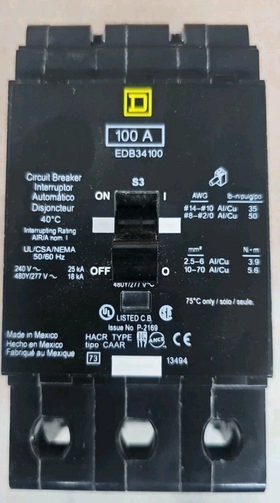Square D EDB34100 3-Pole Circuit Breaker NTO