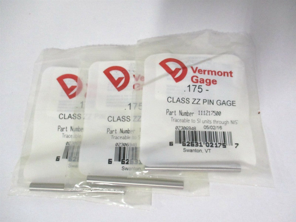 Vermont Gage (111217500) 0.175" Diam Class ZZ Minus Plug & Pin Gage - Lot of 3