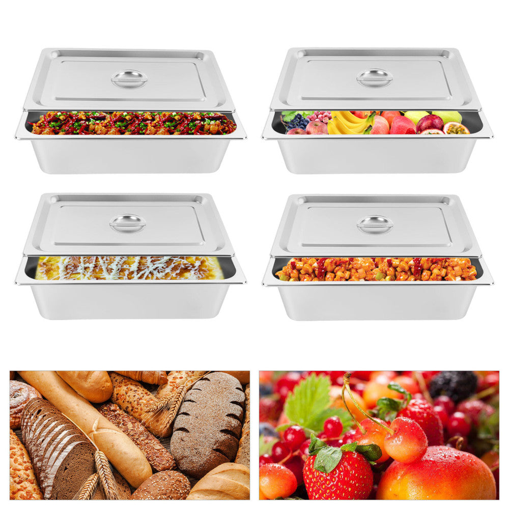 4 Pack 6" Deep Stainless Steel Steam Table Pans Hotel Food Prep Pan with Lids