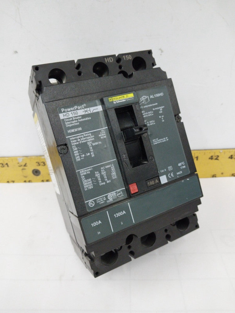 SQUARE D POWERPACT 100 AMP CIRCUIT BREAKER 600 VAC / 250 VDC 3 POLE  HDM36100