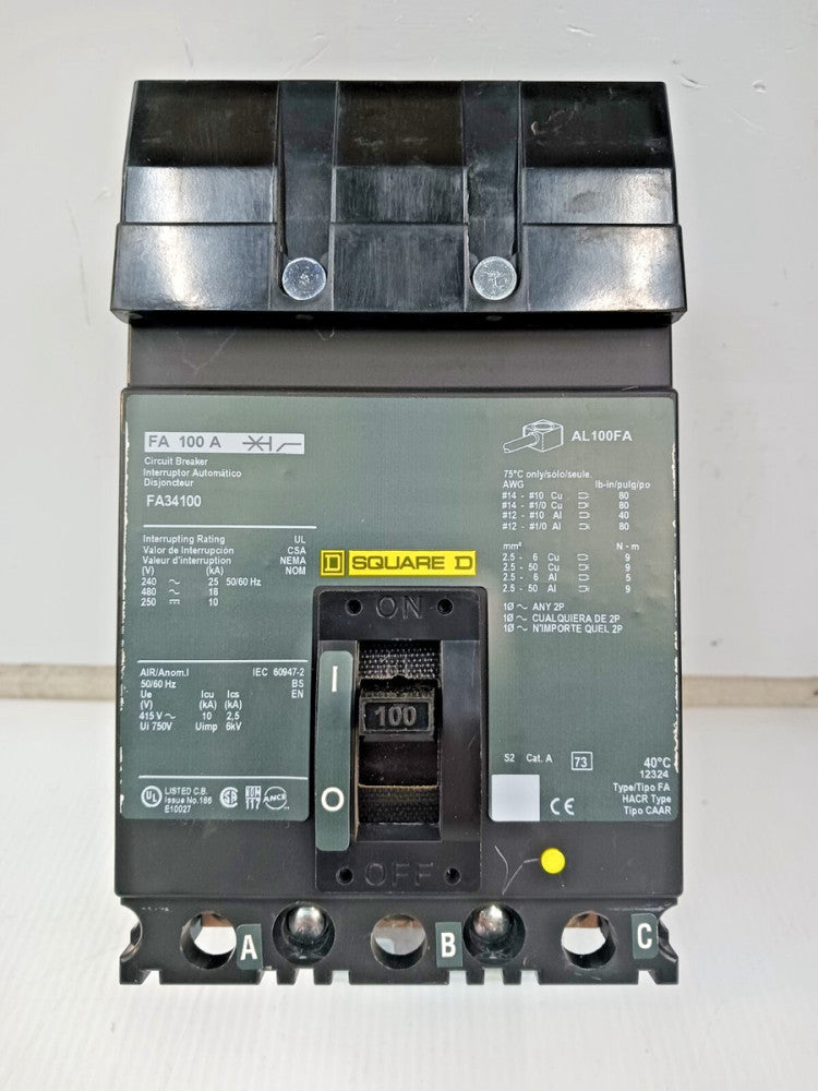 Square D 100 Amp I-Line Circuit Breaker 3 Pole 480 VAC / 250 VDC 18kA FA34100