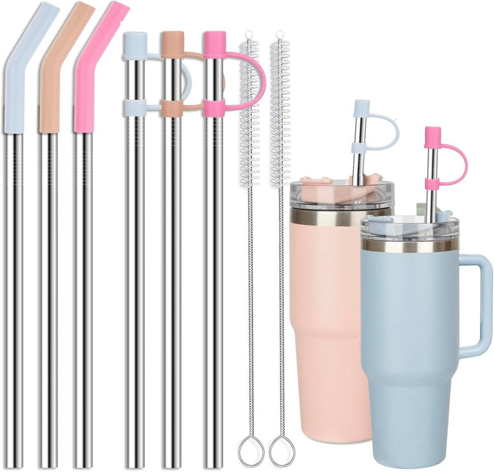 Stainless Steel Straws 12 Inch (3 Straight + 3 Bent Fit 40oz), Silver 