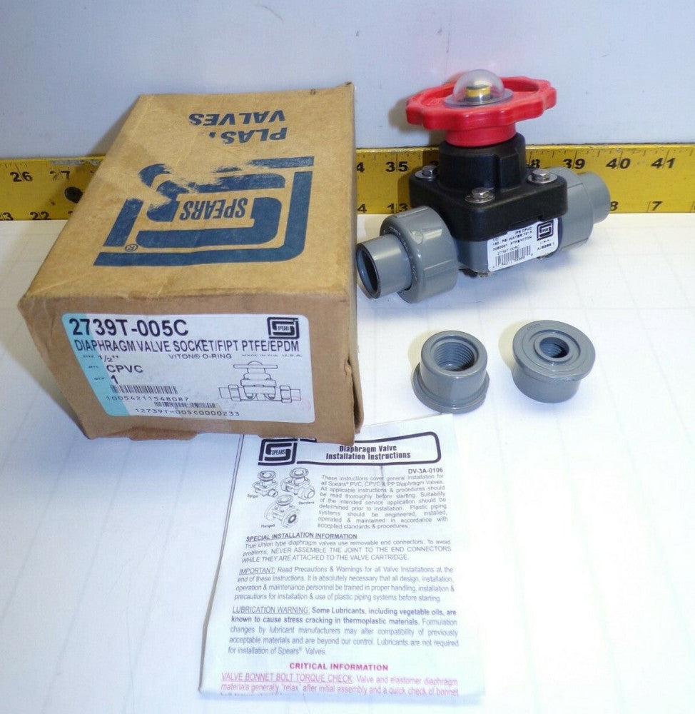 NEW SPEARS 1/2" SOCKET END TRUE UNION DIAPHRAGM VALVE FIPT PTFE/EPDM  2739T-005C