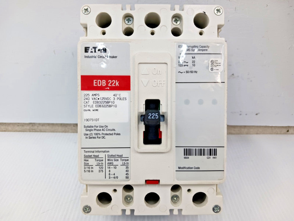 Eaton 225 Amp Industrial Circuit Breaker 3P 240 VAC / 125 VDC 22kA EDB3225BP10
