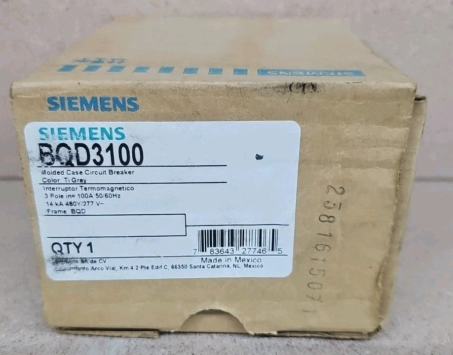 Siemens NTO BQD3100 3 Pole 14kA 480Y / 277V - 100 Amp Circuit Breaker