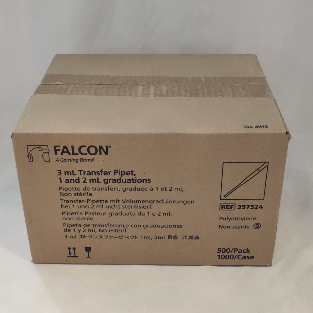 Case of 1000 Corning Falcon 357524 3 ml Transfer Pipette 1 & 2 ml Graduations