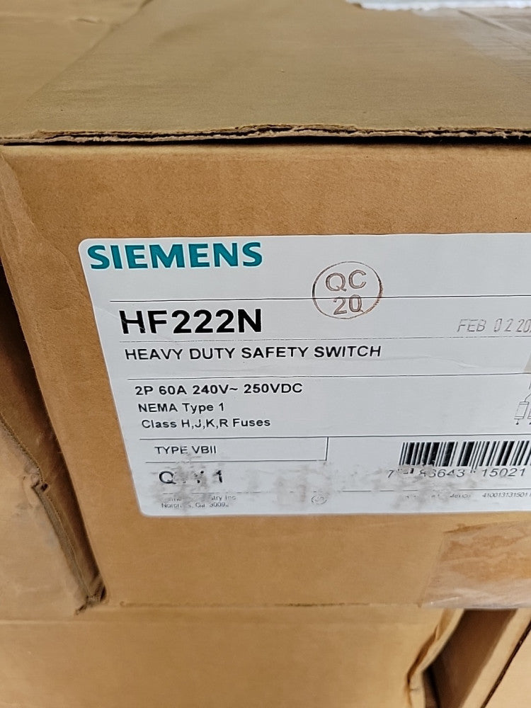 1 NEW Siemens HF222N Fusible Safety Disconnect Switch 60A 240VAC  2P 3W Type 1