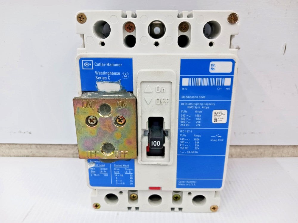 Cutler Hammer 100 Amp Circuit Breaker 3 Pole 600 VAC / 250 VDC 65kA HFD3100