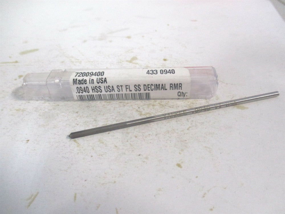 (433-0.0940) 0.094" x 3/4" x 3" OAL 4-Flute Straight Shank HSS Chucking Reamer 