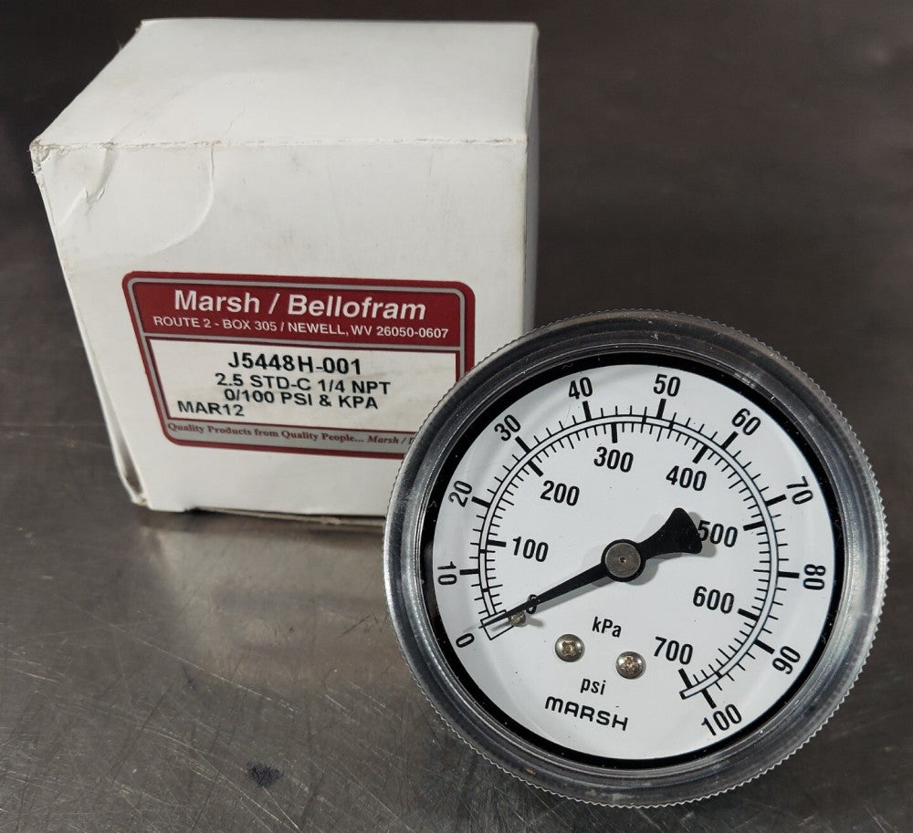 MARSH BELLOFRAM J5448 H-001.  2.5 STD-C 1/4 NPT 0/100 PSI & KPA GAUGE