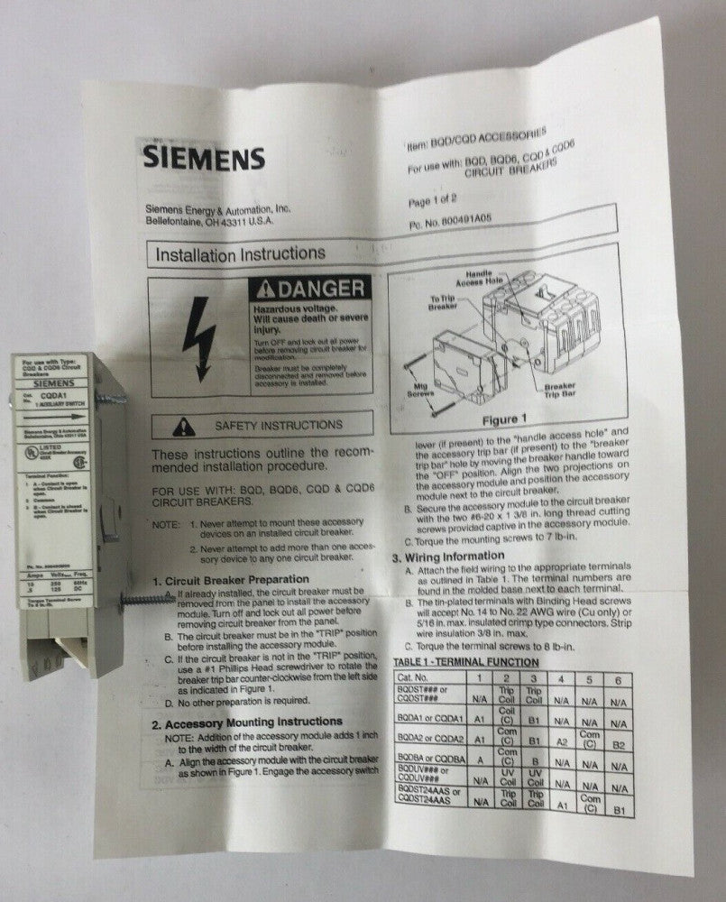 SIEMENS CQDA1 AUXILIARY SWITCH 250 VDC 60HZ 15 AMP 