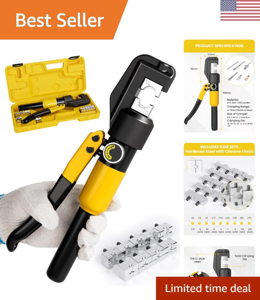Versatile Hydraulic Terminal Crimper: 12 AWG to 2/0 AWG with 180-Degree Head