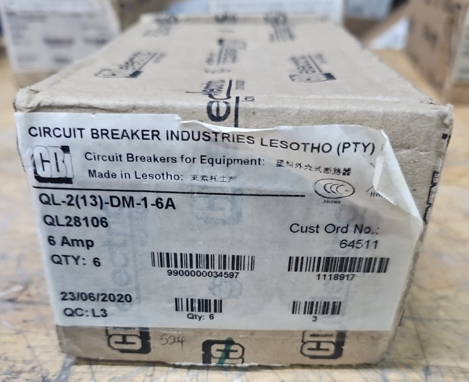 1) Box of 6 CBI 6A Circuit Breakers QL28106 2 Pole Units