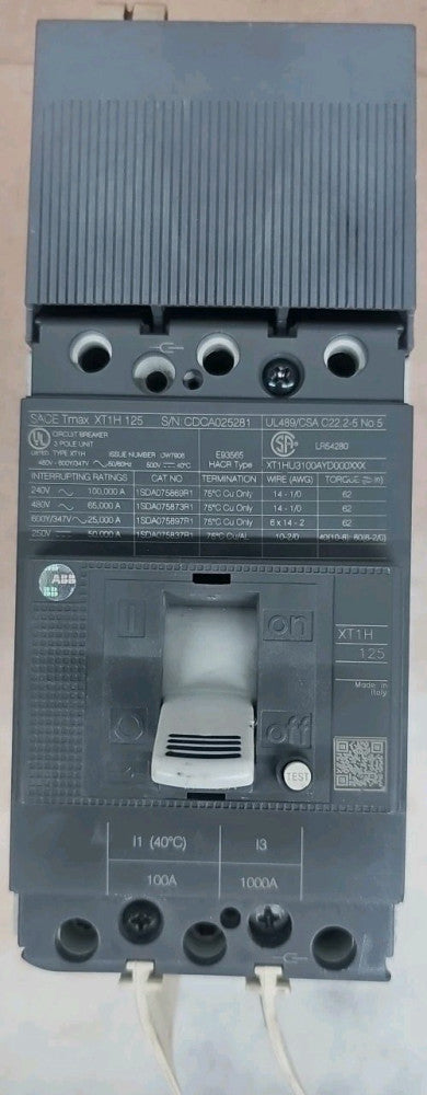 ABB NTO CIRCUIT BREAKER XT1HU3100AYD000XXX 1SDA074706R1 I-LINE 100A 600Y/347V 3P