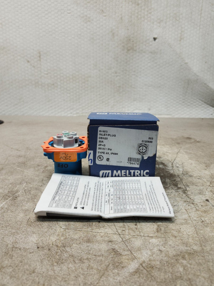 NEW IN BOX MELTRIC INLET/PLUG DSN20 SERIES TYPE 4X, IP69K 63-18072