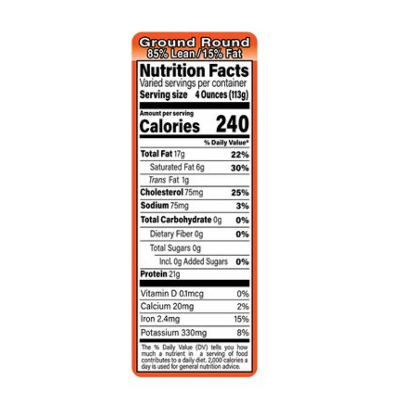 Ground Round 85% Lean / 15% Fat Meat Nutritional Grinds Label 1.5” x 4.125” 1000