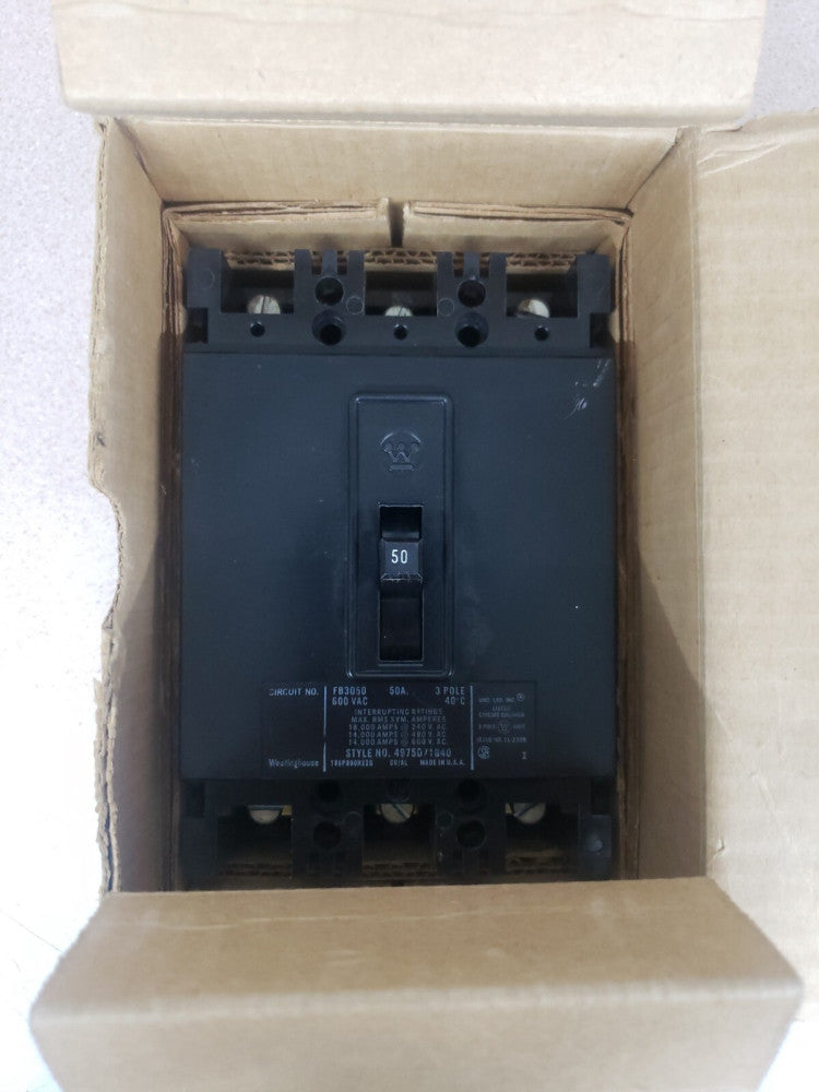 Westinghouse Cutler Hammer FB3050 Type FB Circuit Breaker 3 Pole 50 Amp 600 VAC 