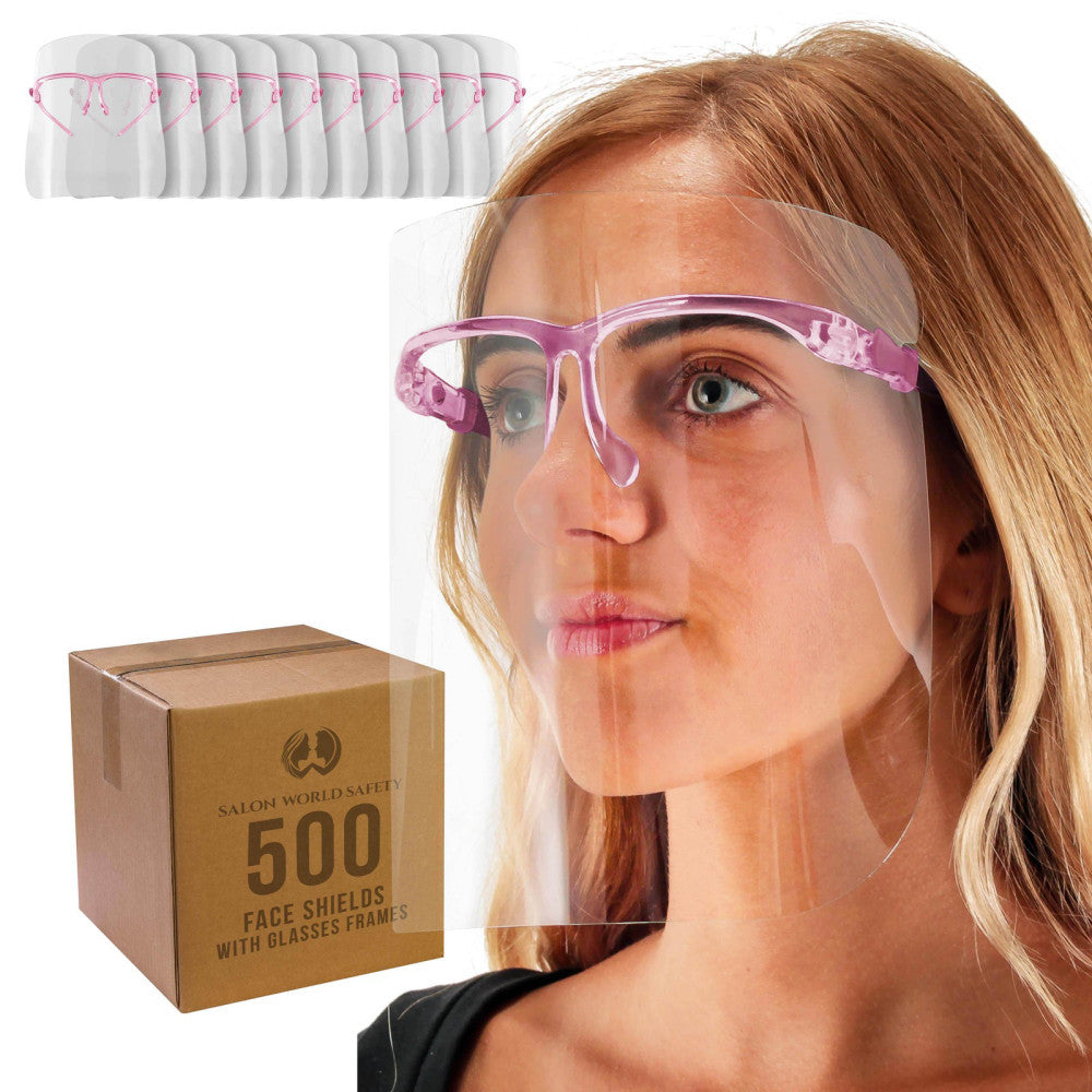 Salon World Safety Pink Face Shields with Glasses Frames (500 Pack) - Anti-Fog