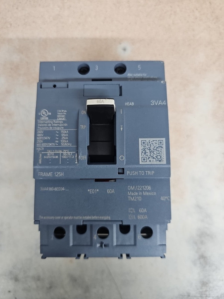SIEMENS 3VA4160-6ED34-0AA0 Breaker 3VA41 3P 60A 65KA NTO