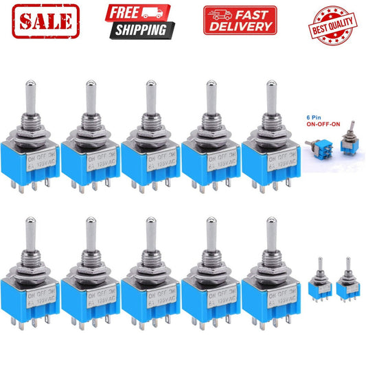 10pcs DPDT Mini Toggle Switch - 6-Pin 3 Position ON/Off/ON - 6A 125V MTS-203