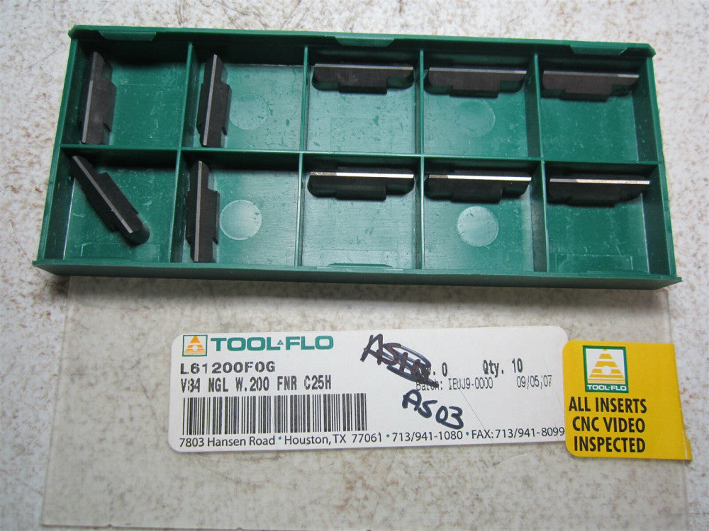 Tool-Flo (L61200FOG) V84 NGL W .200 FNR C25H Grooving Insert - Pack of 10