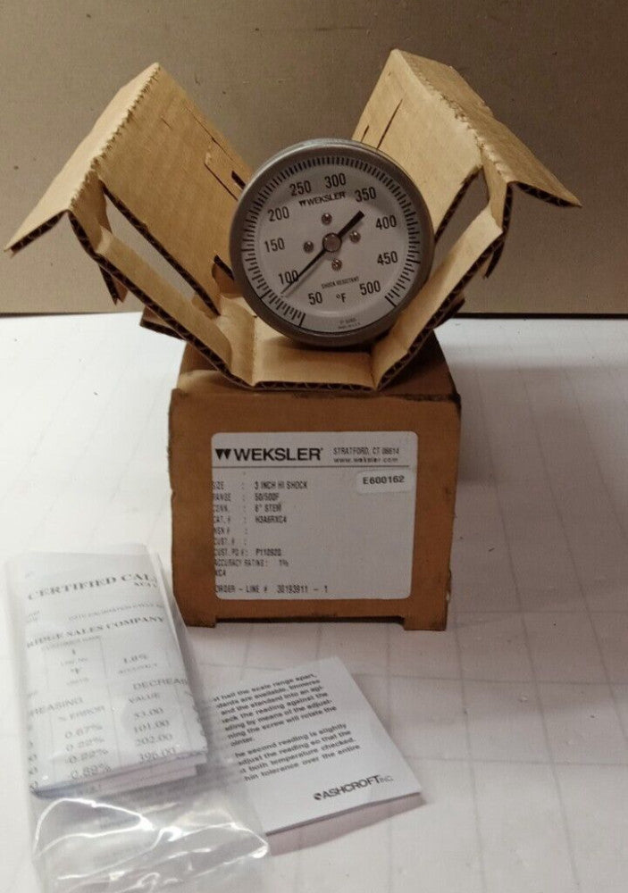 NEW WEKSLER 3" HI-SHOCK TEMPERATURE GAUGE 50ºF-500ºF 6" STEM 1/2" MNPT H3ARXC4