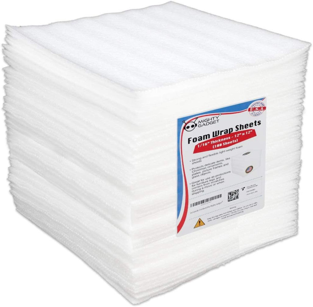 100-Pack Foam Packing Sheets, 12" x (1/16" Thick) Polyethylene, White 