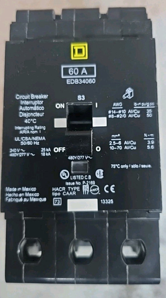 Square D EDB34060 Circuit Breaker 60 Amp 3 Pole 480Y/277 V NTO