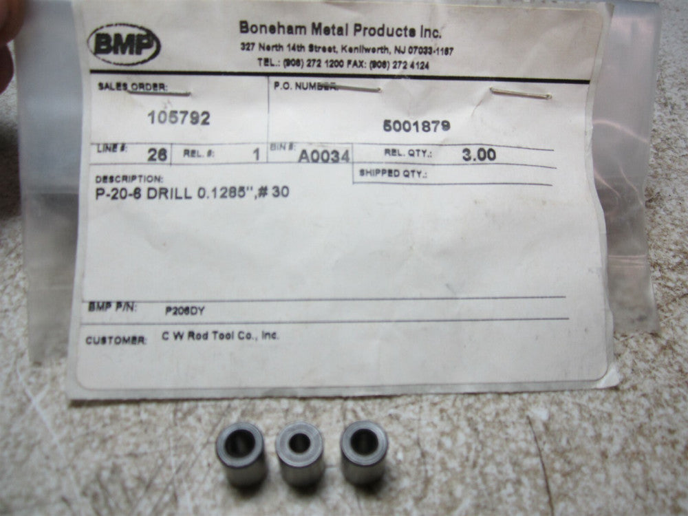 Boneham Metal P-20-6 0.1285" #30 Diameter Drill Bushing - Pack of 3