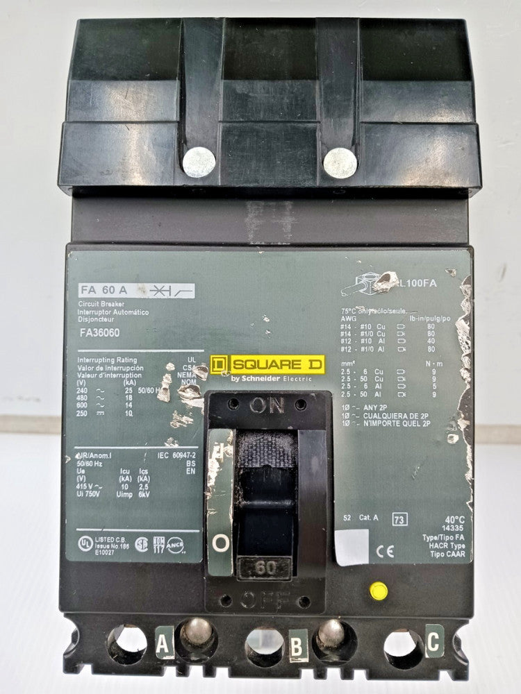 Square D 60 Amp I-Line Circuit Breaker 3 Pole 600 VAC / 250 VDC 18kA FA36060