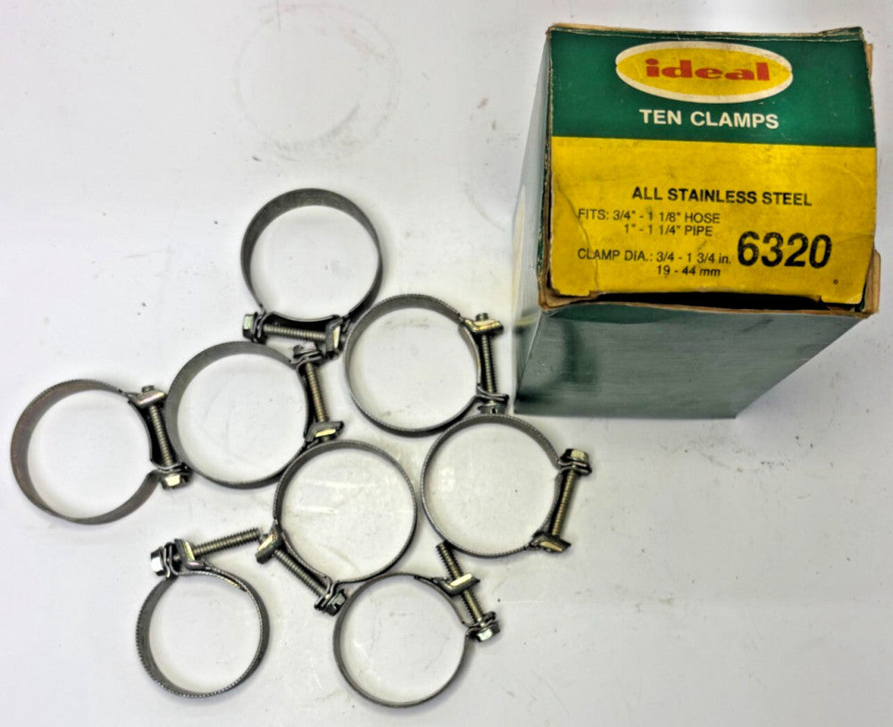 IDEAL TEN CLAMPS ALL STAINLESS STEEL 6320 PIPE SIZE 1"-1-1/4" CLAMP DIA. 3/4"